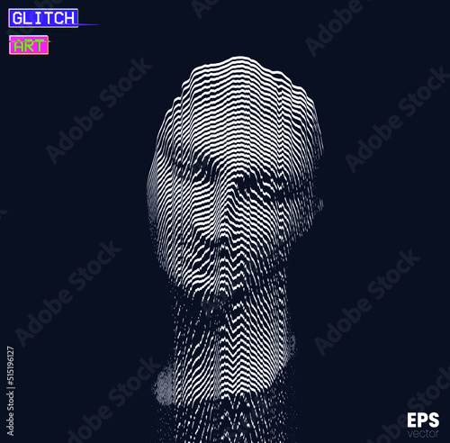 Glitch Art. Vector corrupted graphics illustration from 3D rendering of female classical head sculpture in oscillator white line halftone style on black background.