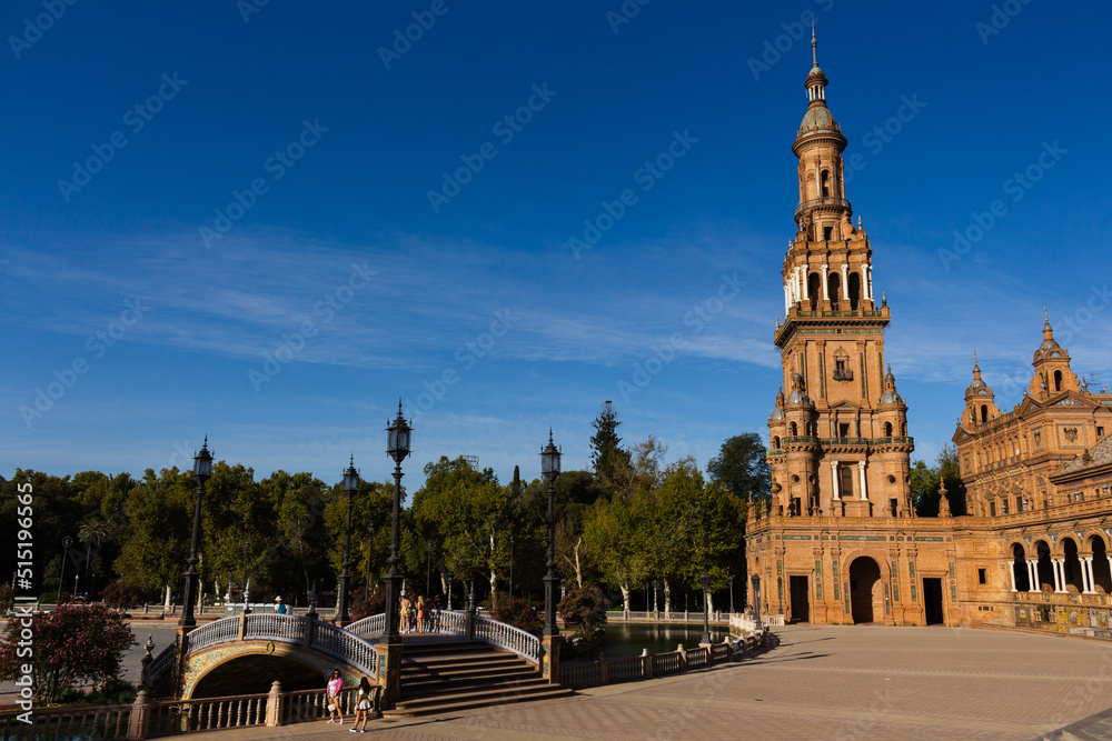 Seville, Spain, September 11, 2021: The Spanish Steps in Seville or 'Plaza de España', where the main building of the Ibero-American Exhibition of 1929 was built. The North Tower.