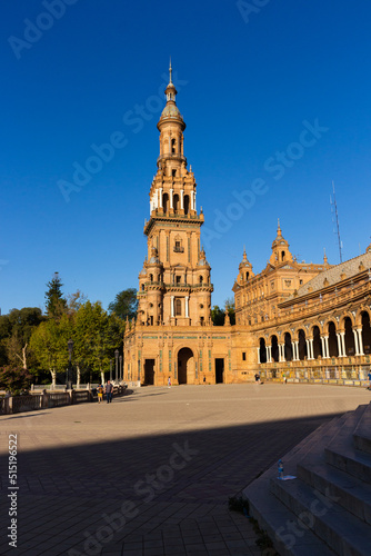 Seville, Spain, September 11, 2021: The Spanish Steps in Seville or 'Plaza de España', where the main building of the Ibero-American Exhibition of 1929 was built. The North Tower.