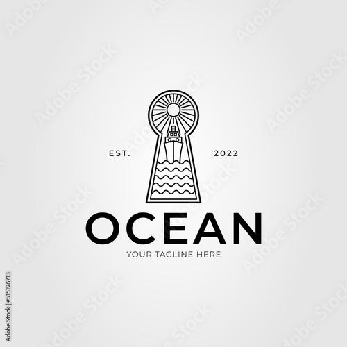 ocean with ship or cruise on keyhole logo vector illustration design