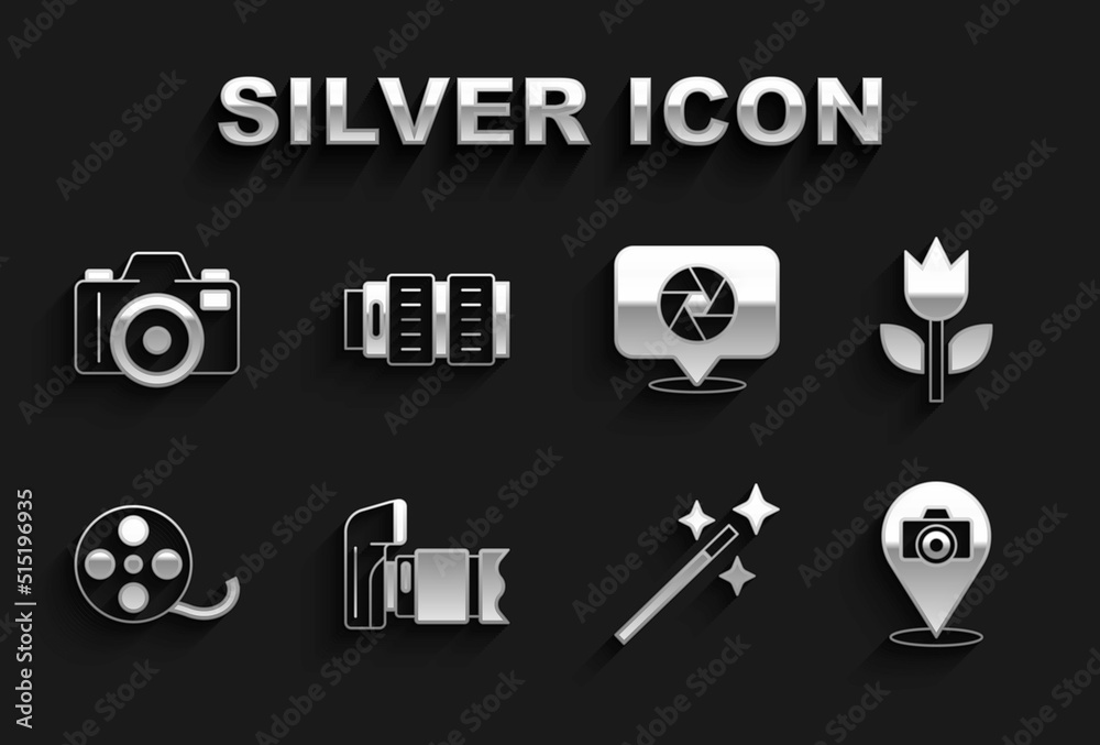 Set Photo camera, mode macro, retouching, Film reel, Camera shutter, and photo lens icon. Vector Set Photo camera, mode macro, retouching, Film reel, Camera shutter, and photo lens icon. Vector