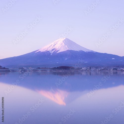 View of Mount Fuji and Lake Kawaguchi during pink sunrise