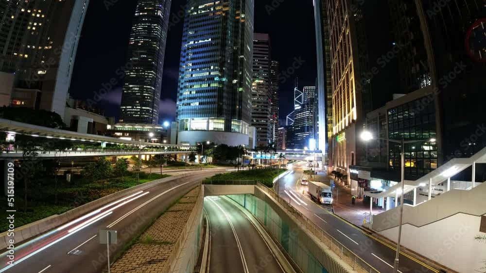 Night Time Lapse of Central Road In Hong Kong. Business City Traffic. Night Time Lapse of Central Road In Hong Kong. Business City Traffic.