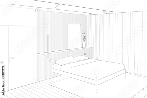 A sketch of the bedroom with a branch in a bottle next to a vertical poster on the headboard of a minimalist bed with bedding, a window with curtains, and a modern door built into the wall. 3d render