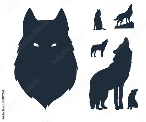 Silhouettes of a wild wolf. Silhouettes of howling wolves. Wolf muzzle silhouette.