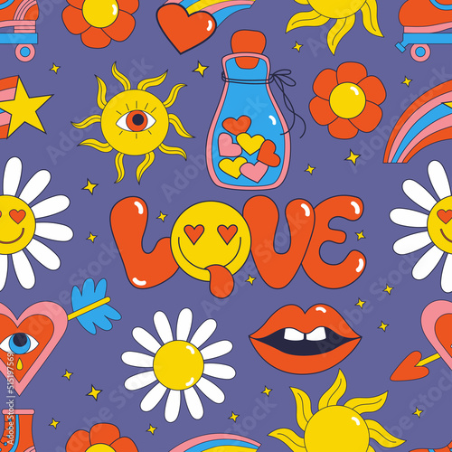Retro Seamless pattern with 70s, 80s, 90s vibes groovy elements. Stickers nostalgia Love, cartoon funky daisy flowers, sun, roller skates, broken heart, lips on purple background. Vector illustration.