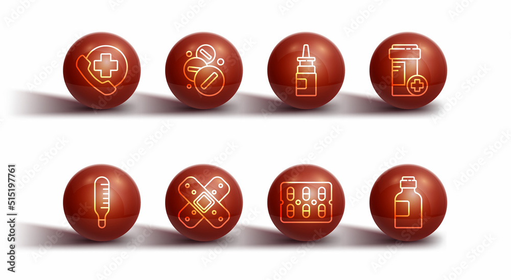 Set line Emergency phone call to hospital, Medical thermometer, Medicine bottle, Pills blister pack, Crossed bandage plaster, pill or tablet, Bottle of medicine syrup and nasal spray icon. Vector Set line Emergency phone call to hospital, Medical thermometer, Medicine bottle, Pills blister pack, Crossed bandage plaster, pill or tablet, Bottle of medicine syrup and nasal spray icon. Vector