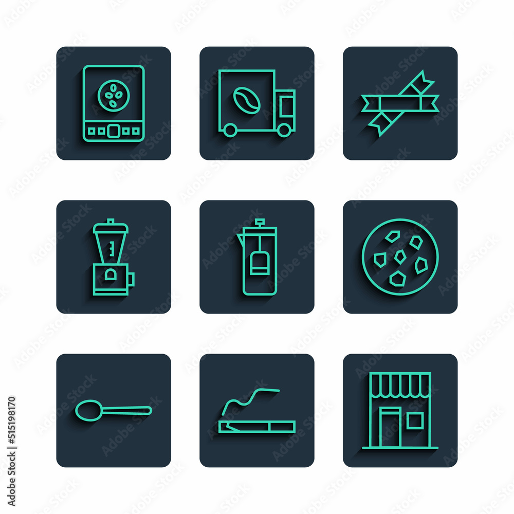 Set line Spoon, Cigarette, Coffee shop, Sugar stick packets, French press, Electric coffee grinder, Electronic scales and Cookie or biscuit icon. Vector Set line Spoon, Cigarette, Coffee shop, Sugar stick packets, French press, Electric coffee grinder, Electronic scales and Cookie or biscuit icon. Vector
