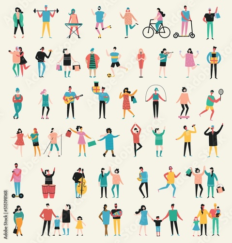 Concept of young people walking, running and jumping in the park. Stylish modern vector illustration card with male and female teenagers