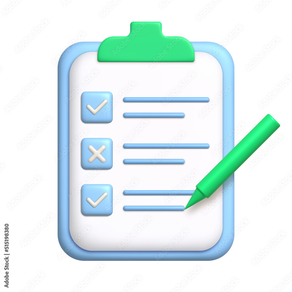 Document 3d icon. Sheet of paper on clipboard and pen. To-do list concept with check and cross marks. 3d realistic design element. Document 3d icon. Sheet of paper on clipboard and pen. To-do list concept with check and cross marks. 3d realistic design element.