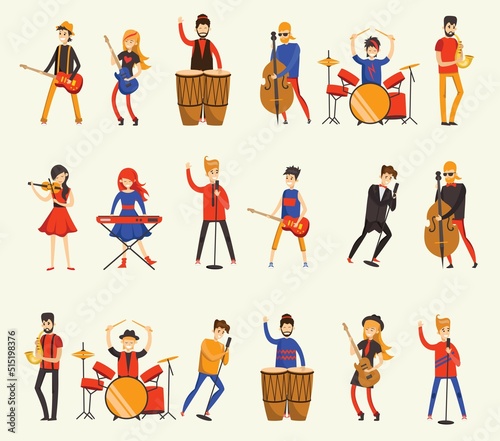 Vector background of group of singing and playing music instrument people