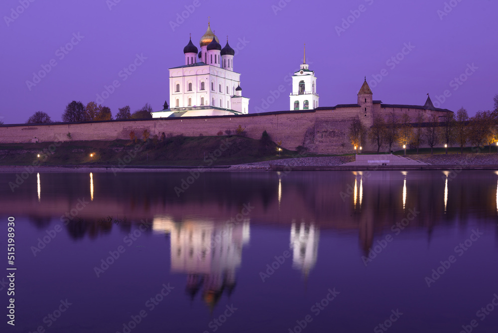 Purple October twilight at the Pskov Kremlin. Russia