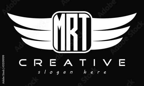 MRT three Letter Wings Flying Initial wing symbol minimalist creative concept flag icon professional logo design Vector template with abstract black and white tattoo