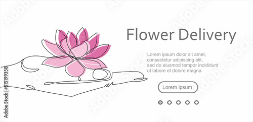 Continuous line vector illustration of hand holding dish with flowers on white background, flower delivery concept. Stroke Line, Icon or Emblem trendy linear style.