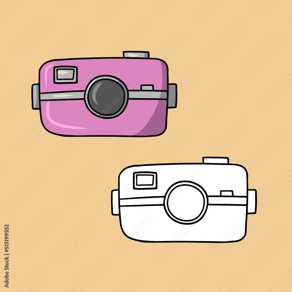 Set of pictures, Pink camera with lens, for travel, cartoon vector illustration Set of pictures, Pink camera with lens, for travel, cartoon vector illustration