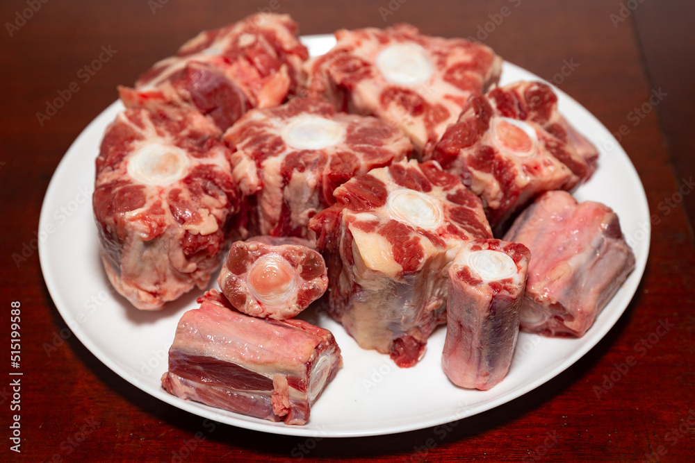 Oxtail Meat, typical Brazilian cuisine in top view. Raw meat. 