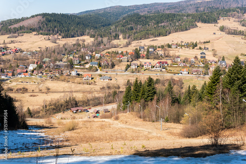 Amazing aerial panoramic view on the mountains, forest, village from observation deck in Poland, Rabka-Zdroj