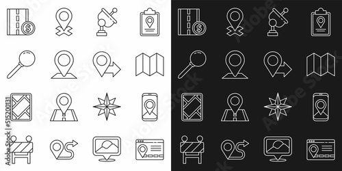 Set line Infographic of city map navigation, City, Folded, Radar, Location, Push pin, Toll road traffic sign and icon. Vector