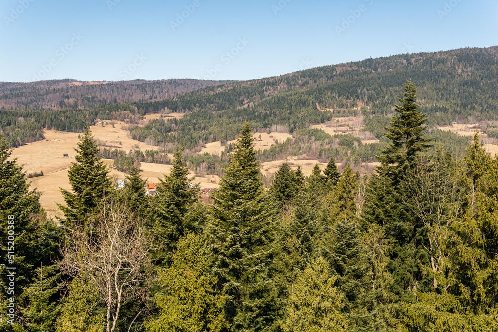 Amazing aerial panoramic view on the mountains, forest, village from observation deck in Poland, Rabka-Zdroj Amazing aerial panoramic view on the mountains, forest, village from observation deck in Poland, Rabka-Zdroj