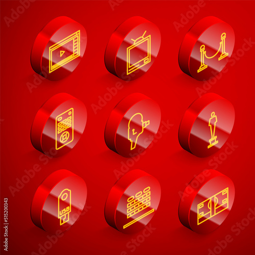 Set line Online play video, Retro tv, Rope barrier, Remote control, cinema camera, Movie trophy, USB flash drive and Cinema auditorium with seats icon. Vector