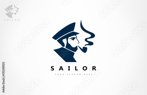 Sailor captain in a peaked cap smoking a pipe logo vector