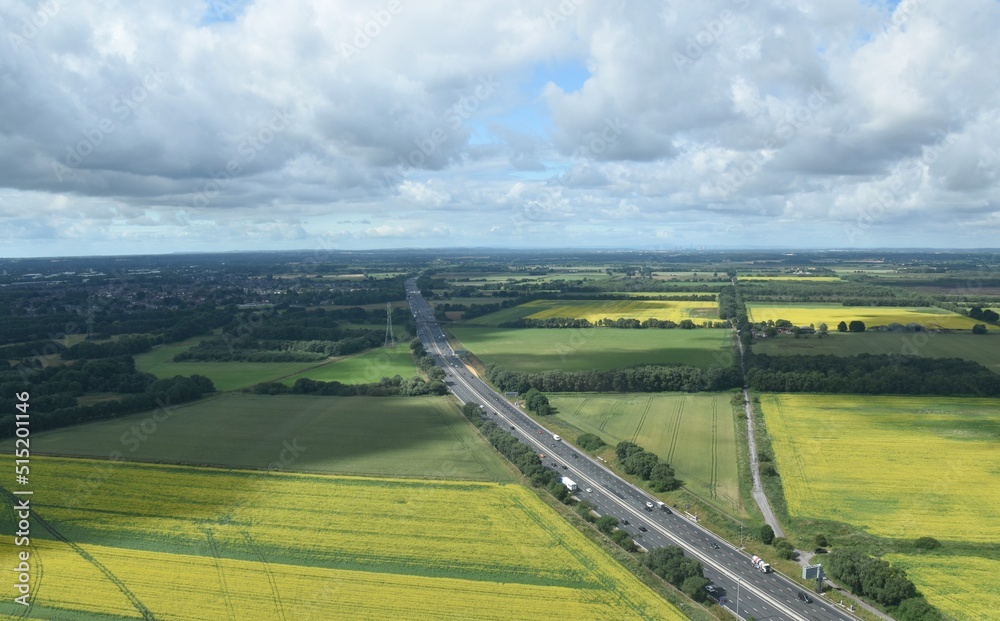 Aerial view of a highway in the countryside taken in Manchester England.