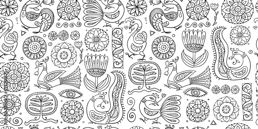 Magic birds and flowers. Vintage seamless pattern background for your design