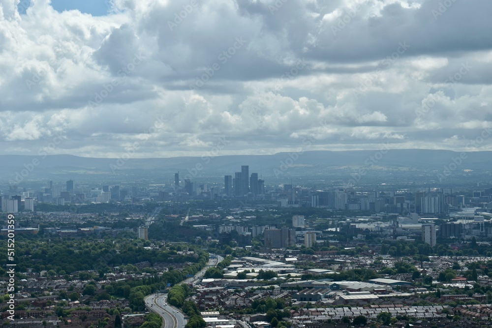 Aerial view of the city and surrounding area. Taken from a helicopter. Manchester England. 