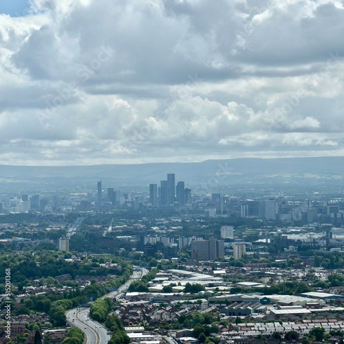 Aerial view of the city and surrounding area. Taken from a helicopter. Manchester England. 