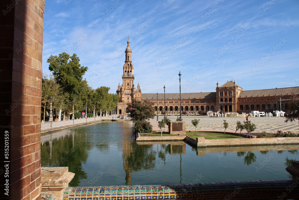 Seville, Spain, September 11, 2021: The Spanish Steps in Seville or 'Plaza de España', where the main building of the Ibero-American Exhibition of 1929 was built. The North Tower.