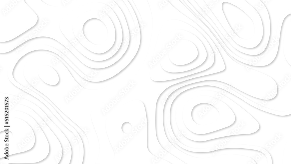 White paper cut white background.  Abstract realistic papercut decoration textured with wavy layers and shadow. Topographic contour map abstract tech motion graphic design. 