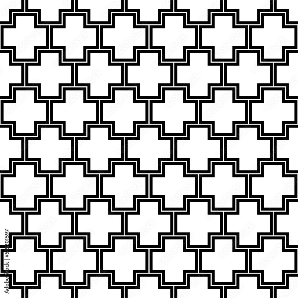 Repeated white figures and lines on black background. Crosses wallpaper. Seamless surface pattern design with polygons. Mosaic motif. Digital paper for page fills, web designing, textile print. Vector Repeated white figures and lines on black background. Crosses wallpaper. Seamless surface pattern design with polygons. Mosaic motif. Digital paper for page fills, web designing, textile print. Vector