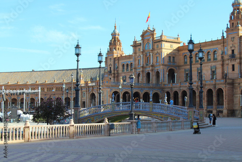 Seville, Spain, September 11, 2021: The Spanish Steps in Seville or 'Plaza de España', where the main building of the Ibero-American Exhibition of 1929 was built. The South Tower.