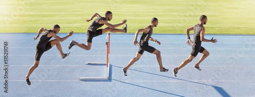 A male athlete jumping over a hurdle. Sequence of a fast professional sprinter or active track racer running over an obstacle. Sports man training for a track and field race on a sunny day