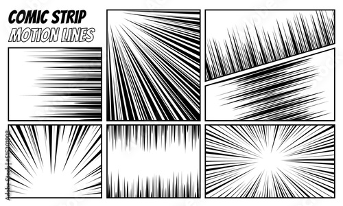 Comic strip radial motion lines set. Anime comics book hero speed or fight action texture blast rays. Manga cartoon sharp drawing explosions background collection. Vector eps illustration © Azat Valeev