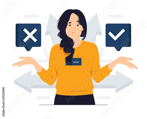 Decision between right or left, yes or no, Business decisions, ethical dilemma, choose, choice, undecided, and feeling confused concept illustration