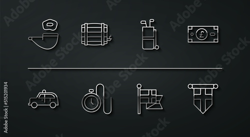 Set line Smoking pipe, Taxi car, Pound sterling money, England flag flagpole, Watch with chain, Wooden barrel, pennant and Golf bag clubs icon. Vector