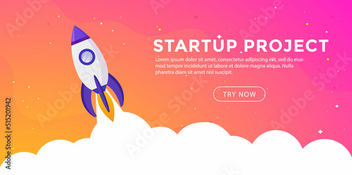 Rocket ship in a flat style. Space rocket launch.Project start up and development process. Business Startup launching product with rocket concept. Vector stock