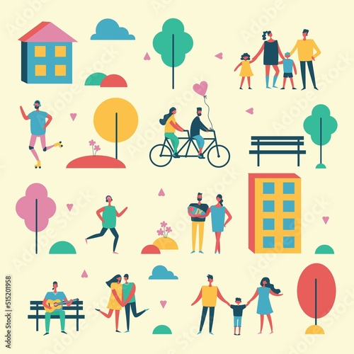 Concept of young people walking, running and jumping in the park. Stylish modern vector illustration card with male and female teenagers