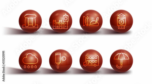 Set line Stonehenge, Cloud with rain, Big Ben tower, Double decker bus, Wood cricket bat and ball, Umbrella and Robin hood hat icon. Vector