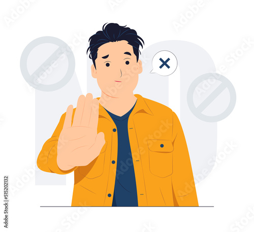 No and makes stop gesture, forbids something and expresses disagreement, Body language No means no concept illustration