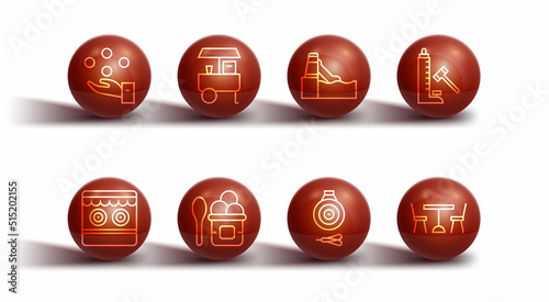 Set line Juggling ball, Shooting gallery, Striker attraction with hammer, Classic dart board and arrow, Ice cream bowl, Fast street food cart, Picnic table chairs and Water slide icon. Vector
