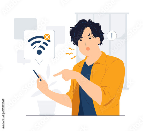 Internet disconnection with Unhappy young man looking at the phone, feeling angry about bad device work, lost data. Anxious male user dissatisfied with service concept illustration