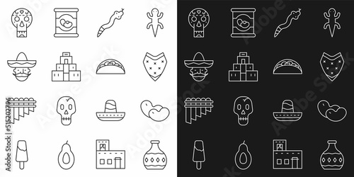 Set line Tequila bottle, Beans, Poncho, Snake, Chichen Itza in Mayan, Mexican man sombrero, skull and Taco with tortilla icon. Vector
