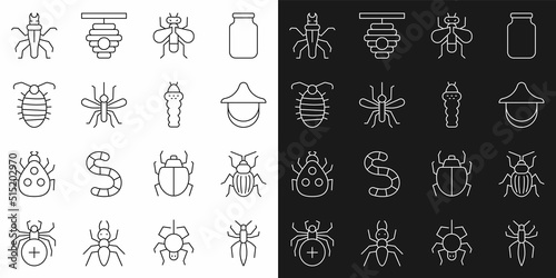 Set line Spider, Chafer beetle, Beekeeper hat, Insect fly, Mosquito, Larva insect, Termite and icon. Vector
