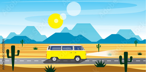 Van life Wallpaper. Yellow Combi on the higway at the desert. Vanlife Vector. Retro Combi Westfalia. Traveling by van. Campervan. Motorhome. Road trip. Desert landscape. photo
