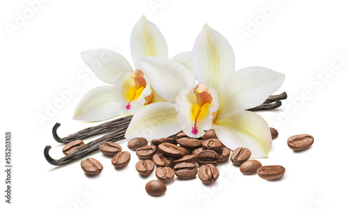 Vanilla flowers and pile of coffee beans isolated on white background.