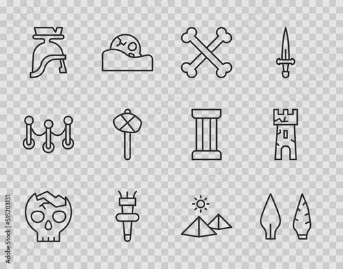 Set line Broken human skull, Stone age arrow head, Crossed bones, Torch flame, Roman army helmet, hammer, Egypt pyramids and Castle tower icon. Vector