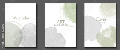 Abstract watercolor vector art background set for cards, flyer, poster, banner and cover design. Olive color and grey paint on white background. Hand drawn watercolour illustration for your design. 