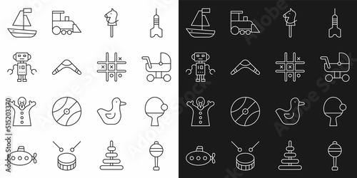 Set line Rattle baby toy, Racket and ball, Baby stroller, Toy horse, Boomerang, Robot, boat and Tic tac toe game icon. Vector